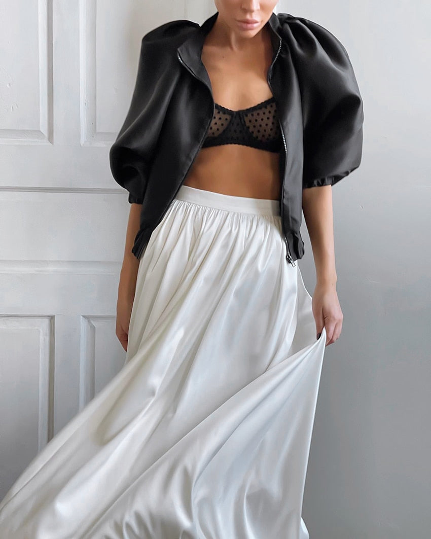 Elegant Loose White Skirts Women 2023 Spring High Waist Pleated Satin Skirts Fashion Black Party Long Skirt Female Luxury