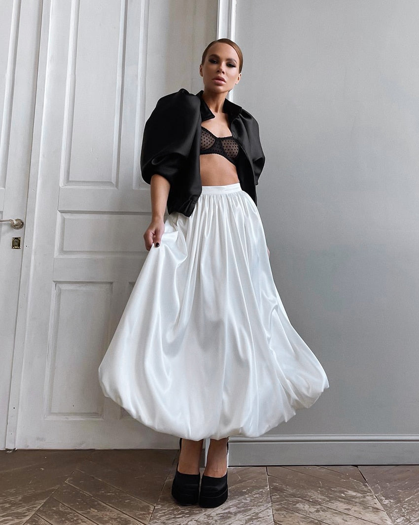 Elegant Loose White Skirts Women 2023 Spring High Waist Pleated Satin Skirts Fashion Black Party Long Skirt Female Luxury