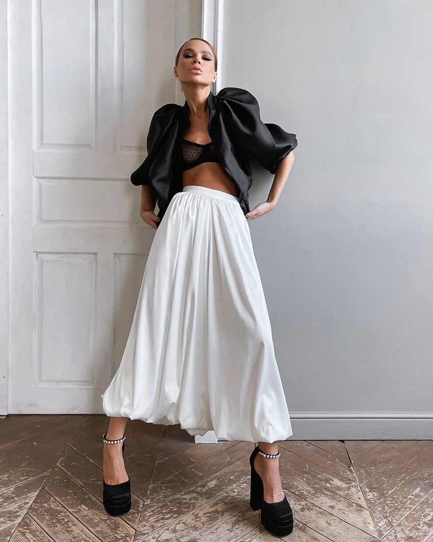 Elegant Loose White Skirts Women 2023 Spring High Waist Pleated Satin Skirts Fashion Black Party Long Skirt Female Luxury