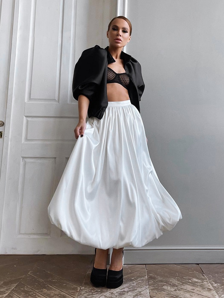 Elegant Loose White Skirts Women 2023 Spring High Waist Pleated Satin Skirts Fashion Black Party Long Skirt Female Luxury