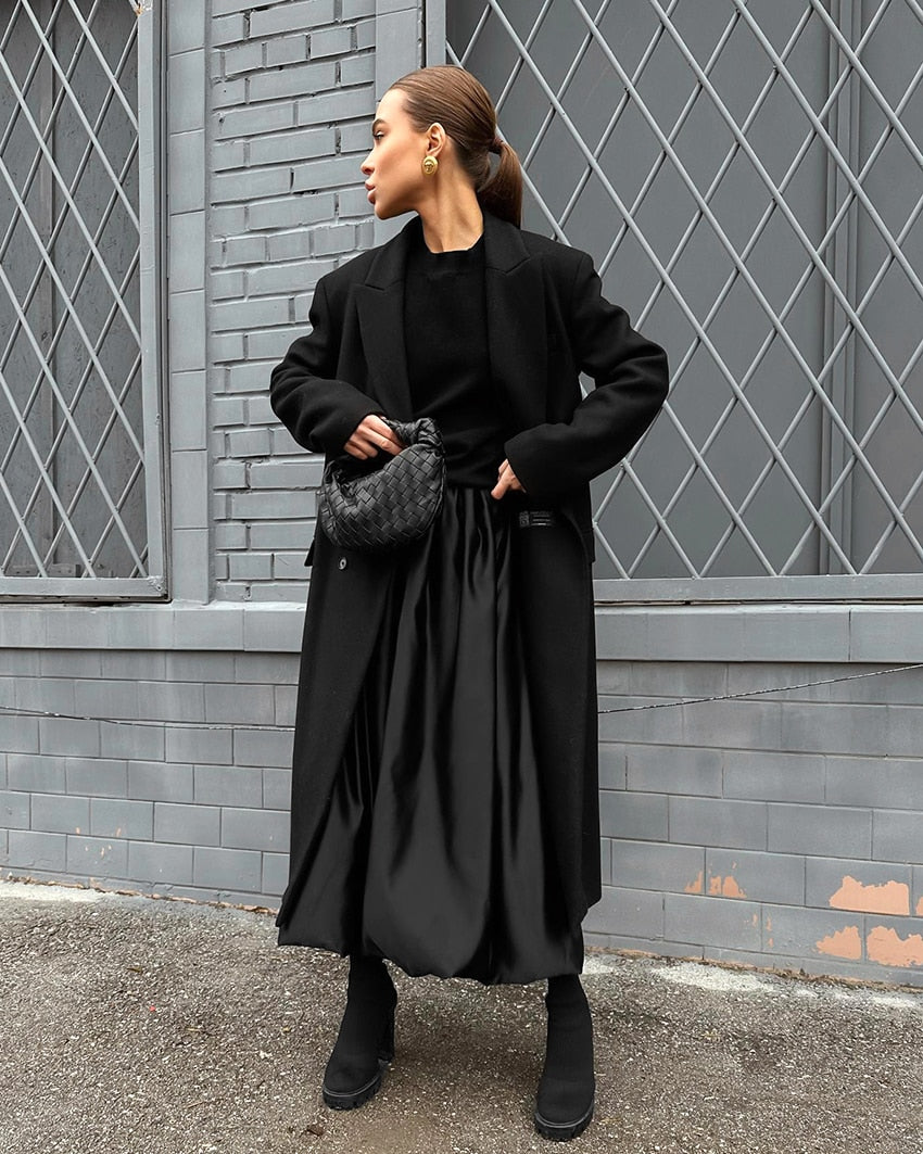 Elegant Loose White Skirts Women 2023 Spring High Waist Pleated Satin Skirts Fashion Black Party Long Skirt Female Luxury