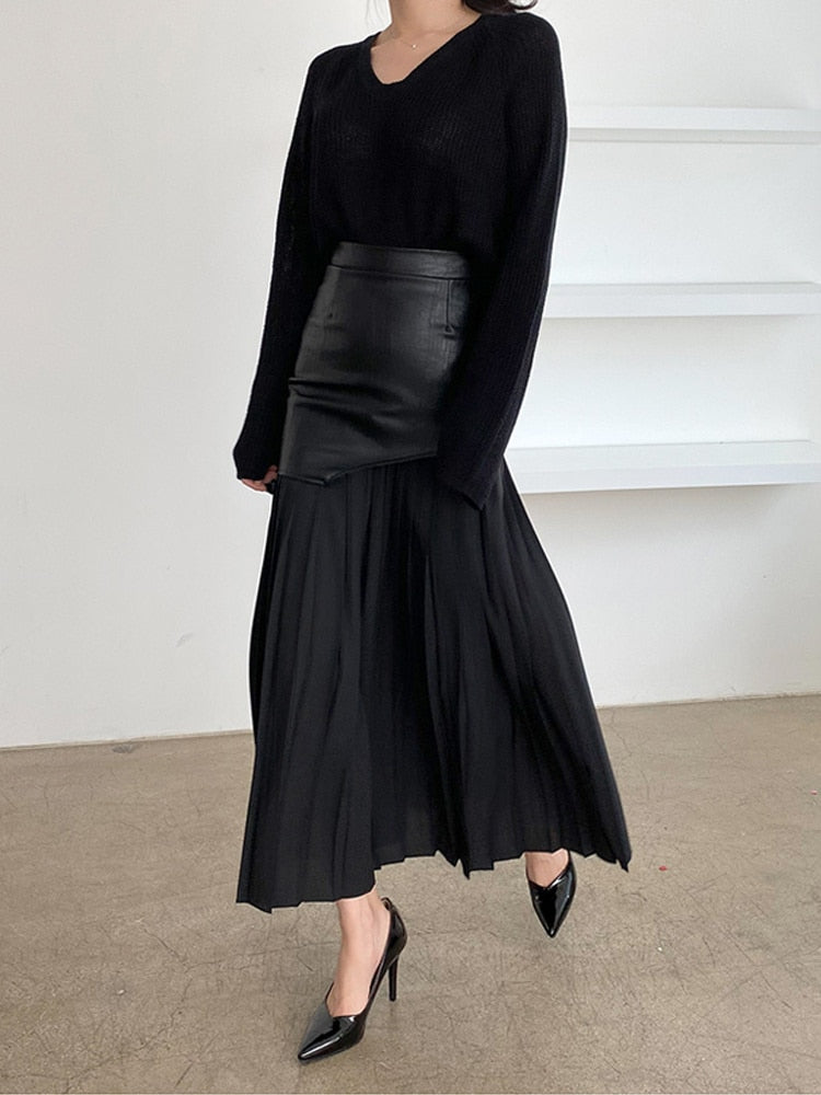 On The Guest List Pleated Leather Style Midi Skirt