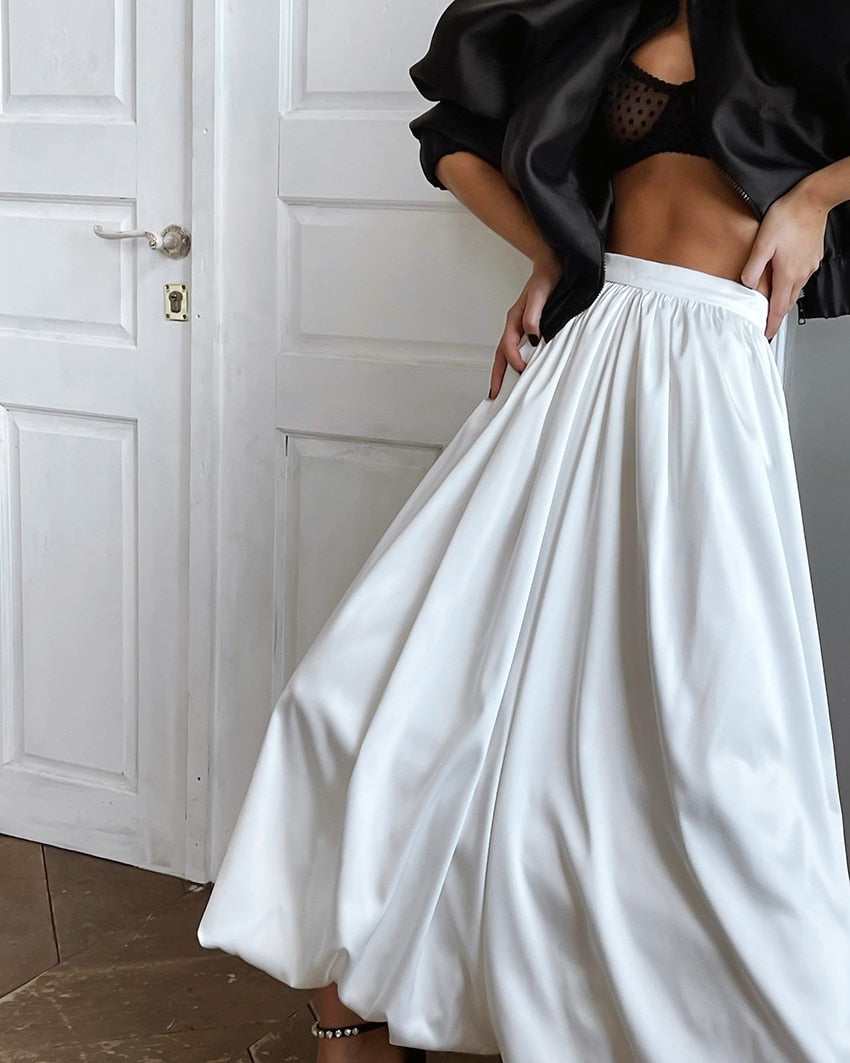 Elegant Loose White Skirts Women 2023 Spring High Waist Pleated Satin Skirts Fashion Black Party Long Skirt Female Luxury