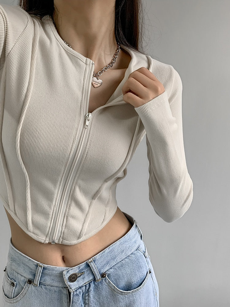 Women Zip Up Crop Fitted Top With Curve Hem