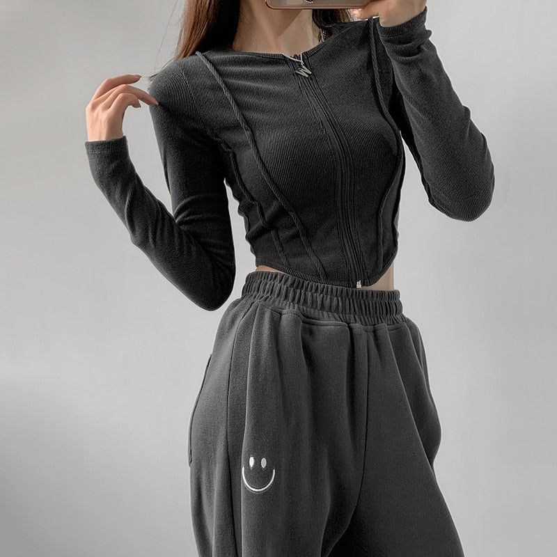 Women Zip Up Crop Fitted Top With Curve Hem