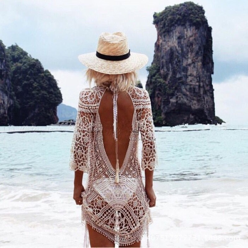 Lotus Backless Crochet Lace Beach Coverup