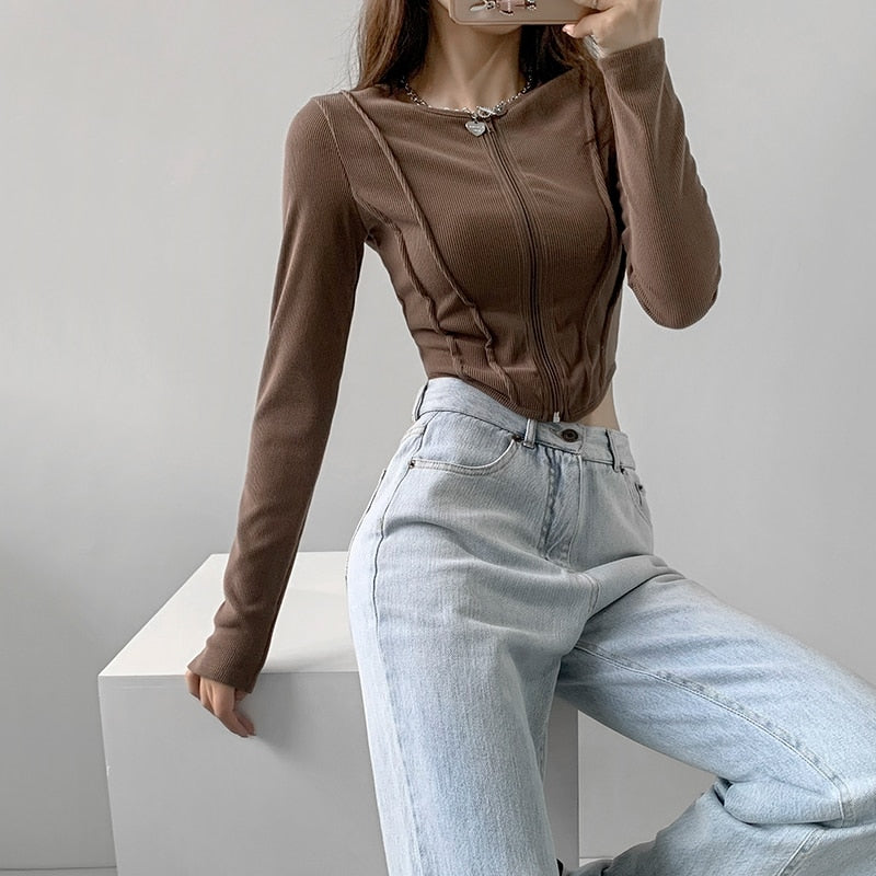 Women Zip Up Crop Fitted Top With Curve Hem