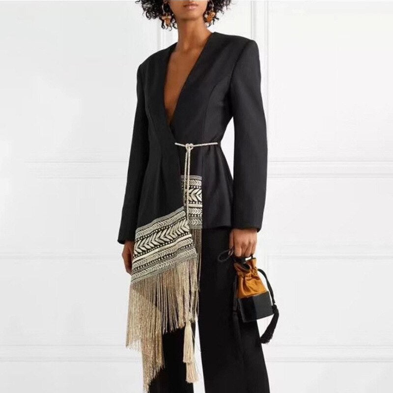 Sala Hem Fringe Embroidery Slim Cut Suit Blazer