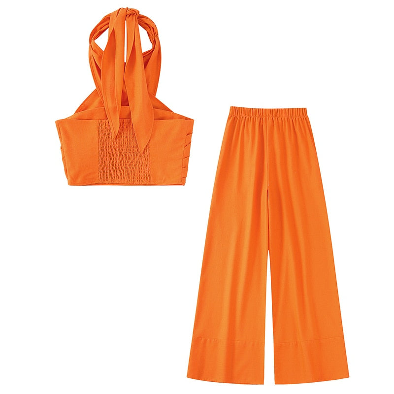 Lora Orange Linen Halter Top and Pants Set