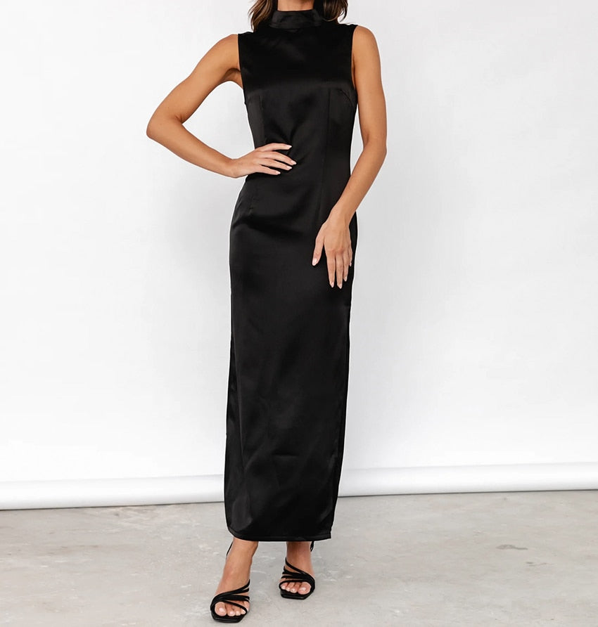 Mei Black Satin Slit Dress