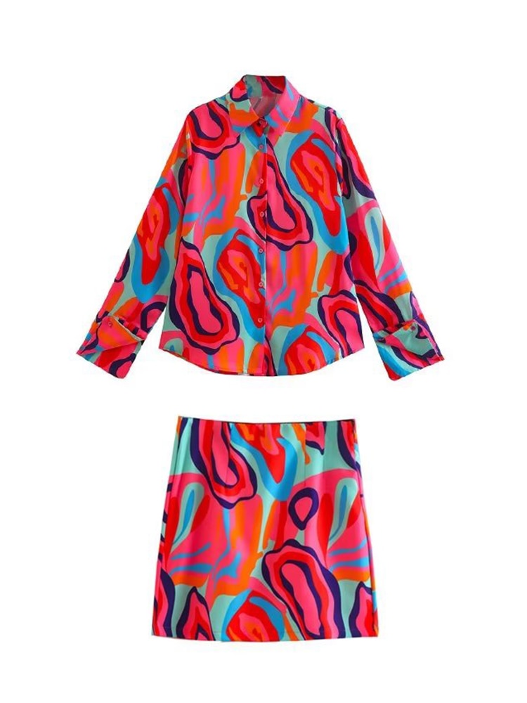 Abstract Geode 2 Piece Set Blouse and Slit Mini Skirt