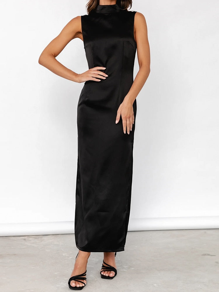 Mei Black Satin Slit Dress