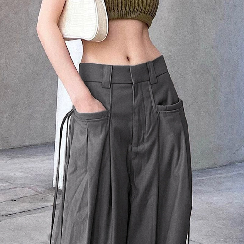 Korean Pleat Wide Leg Cargo Pants