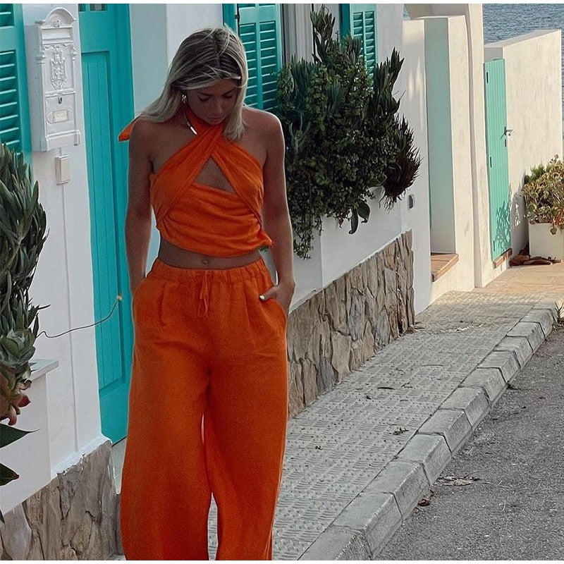 Lora Orange Linen Halter Top and Pants Set