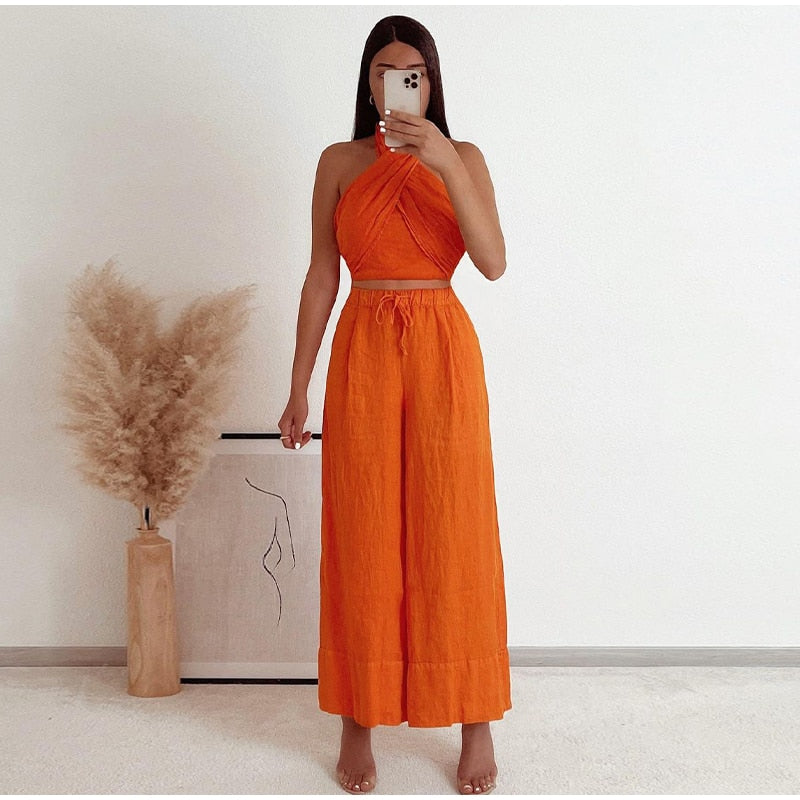 Lora Orange Linen Halter Top and Pants Set