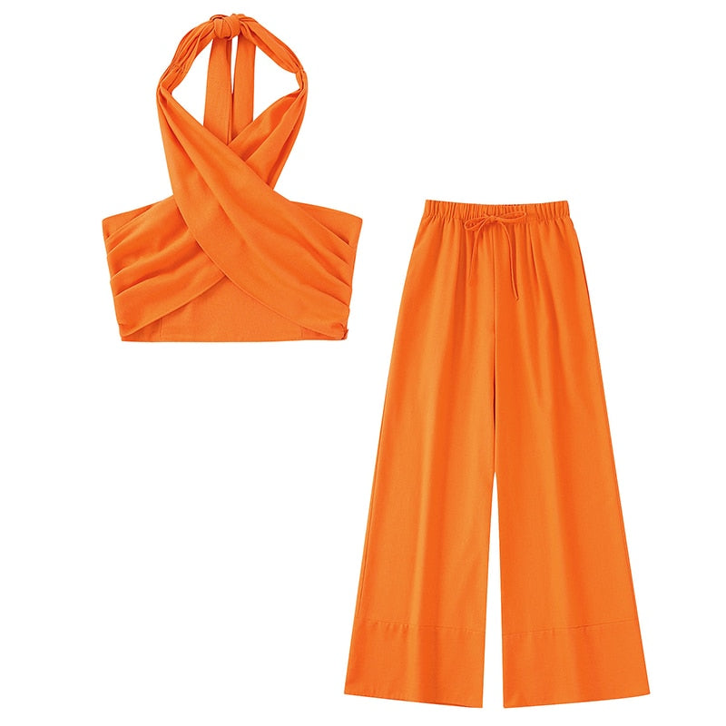 Lora Orange Linen Halter Top and Pants Set