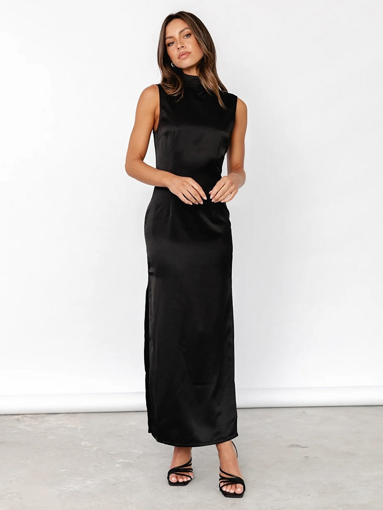 Mei Black Satin Slit Dress