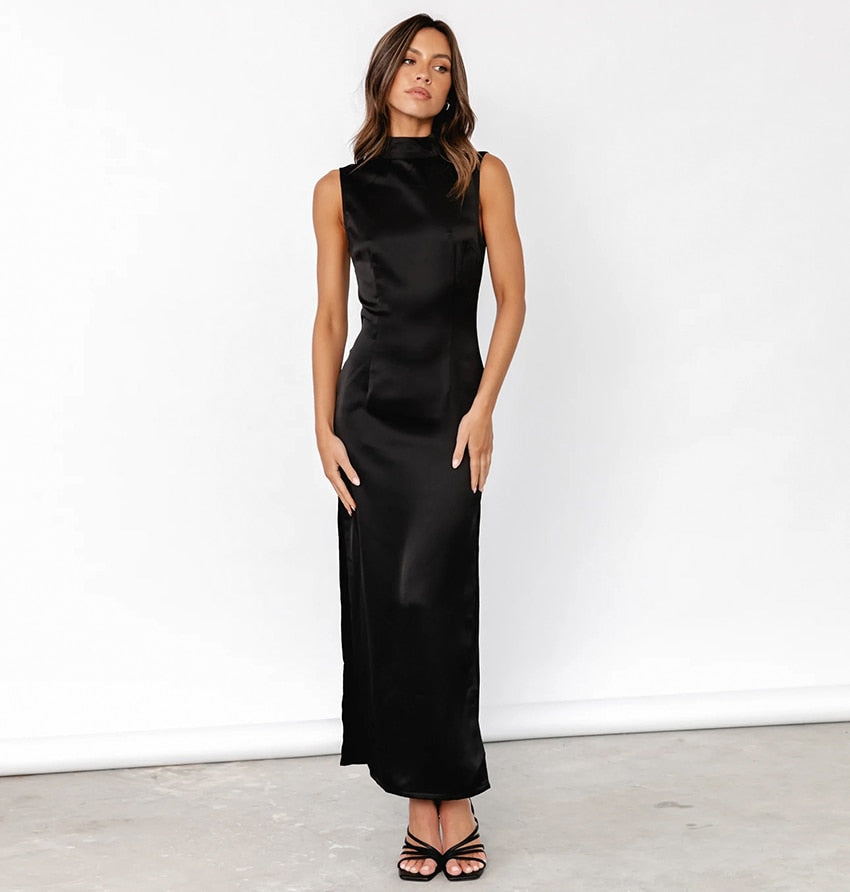 Mei Black Satin Slit Dress