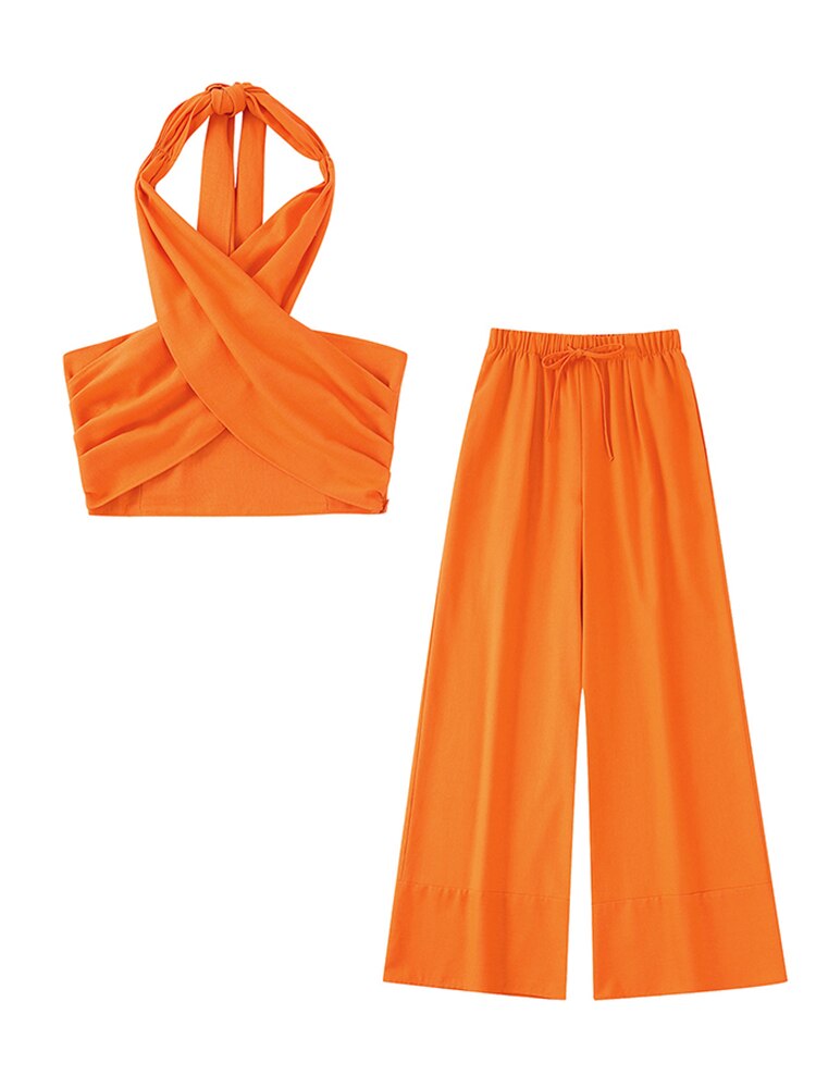 Lora Orange Linen Halter Top and Pants Set