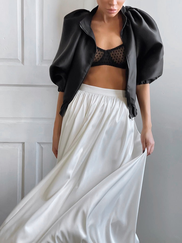 Elegant Loose White Skirts Women 2023 Spring High Waist Pleated Satin Skirts Fashion Black Party Long Skirt Female Luxury