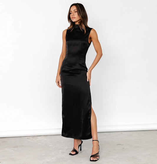 Mei Black Satin Slit Dress