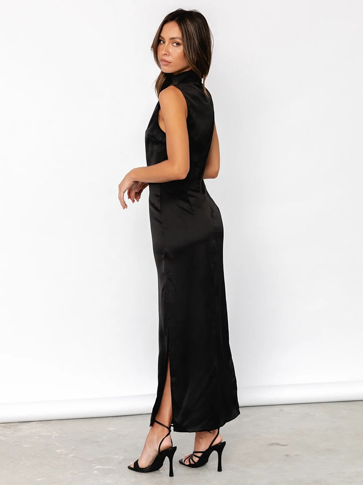 Mei Black Satin Slit Dress