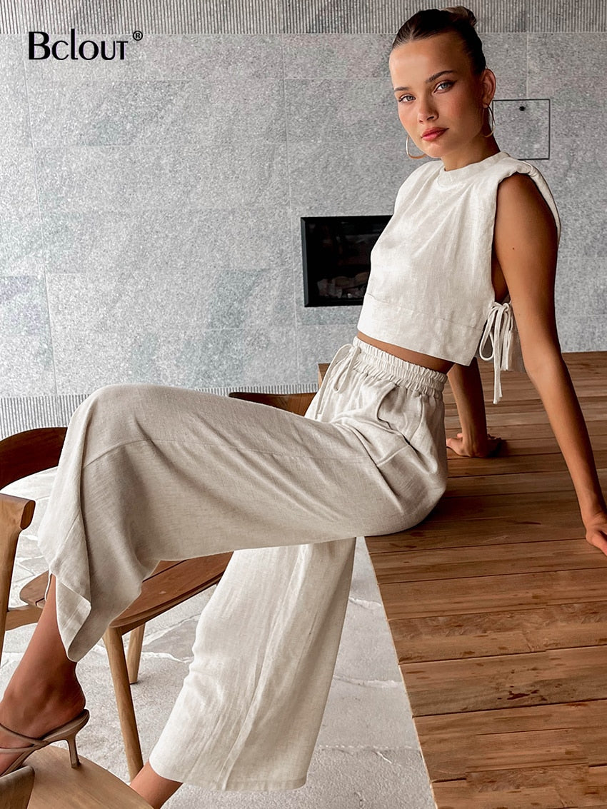 Mozambique Khaki Linen Top and Pants Set