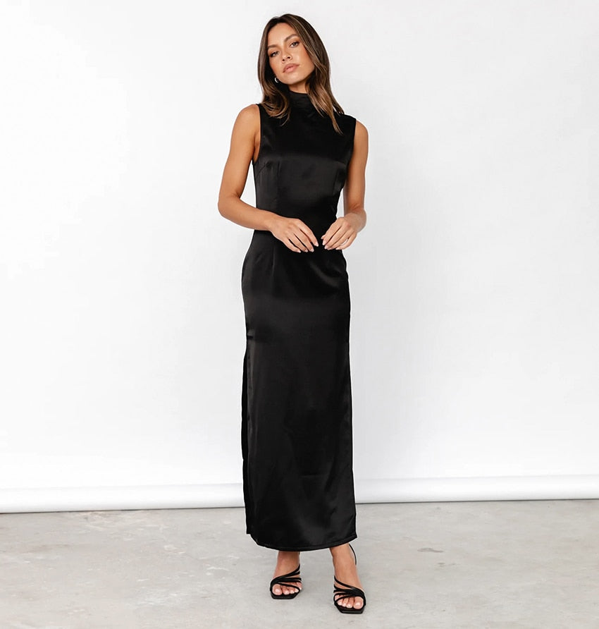 Mei Black Satin Slit Dress