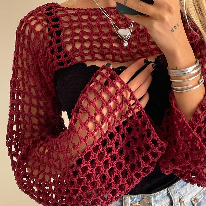 Seaside Mesh Crochet Beach Crop Sweater