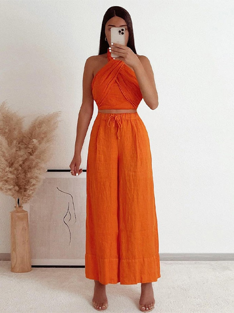 Lora Orange Linen Halter Top and Pants Set