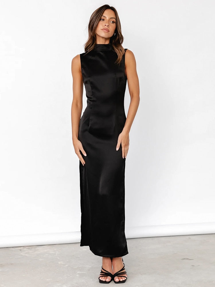 Mei Black Satin Slit Dress