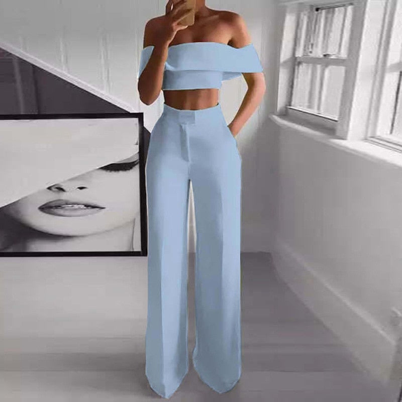 Dreamy Off The Shoulder Crop Top With Wide Leg Pants