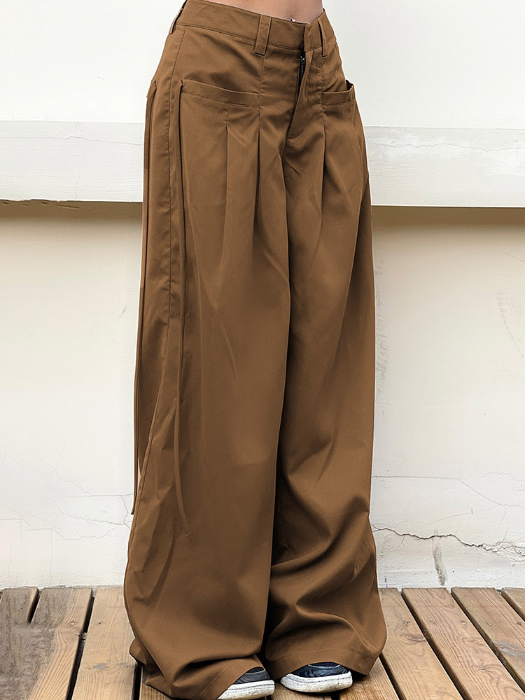 Korean Pleat Wide Leg Cargo Pants