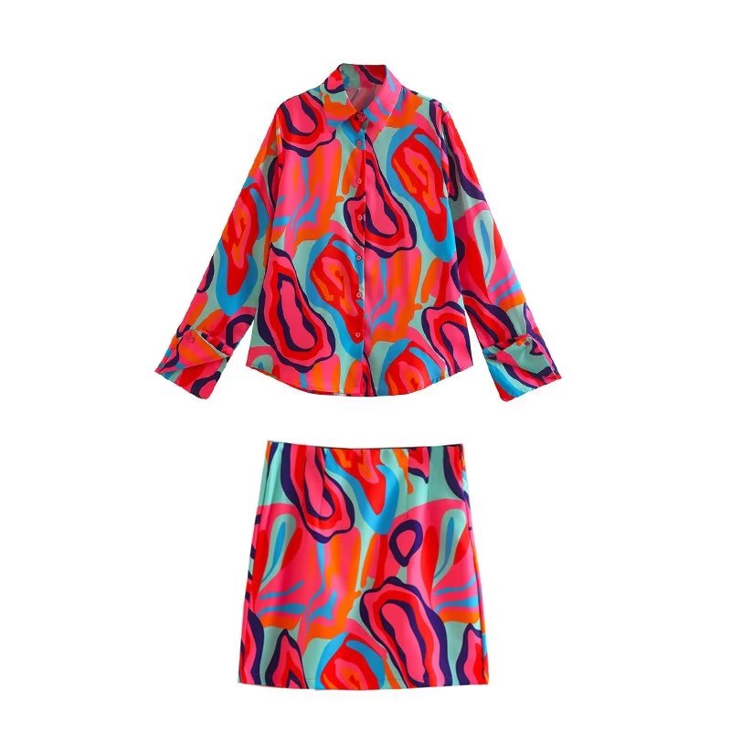 Abstract Geode 2 Piece Set Blouse and Slit Mini Skirt