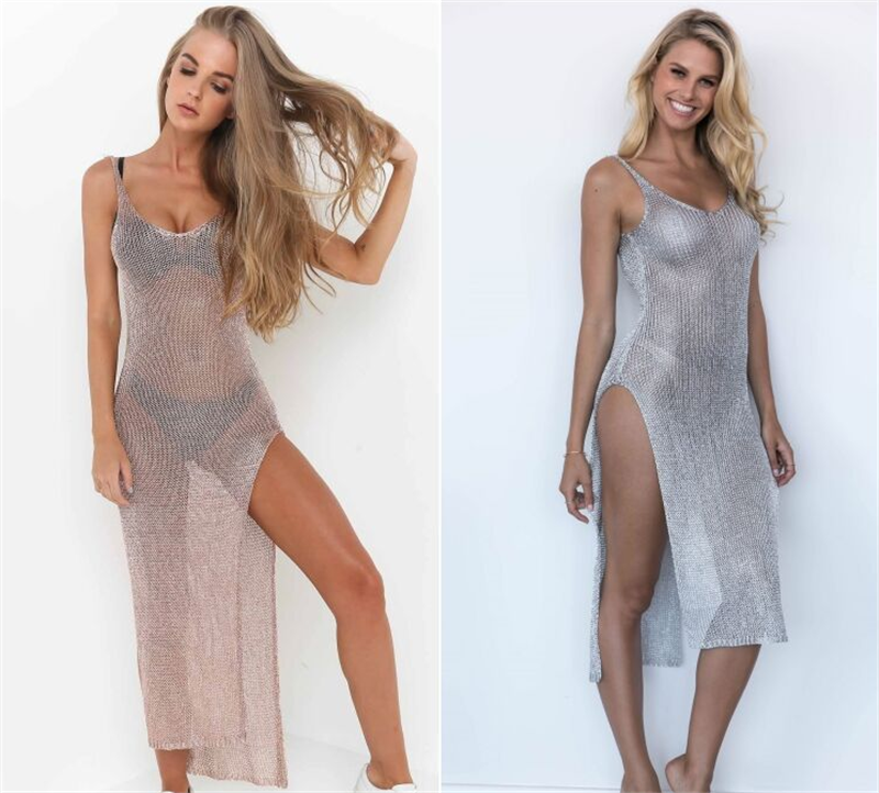 Yatching Sheer Long Cover Up Knitted Glitter Tunic Sling