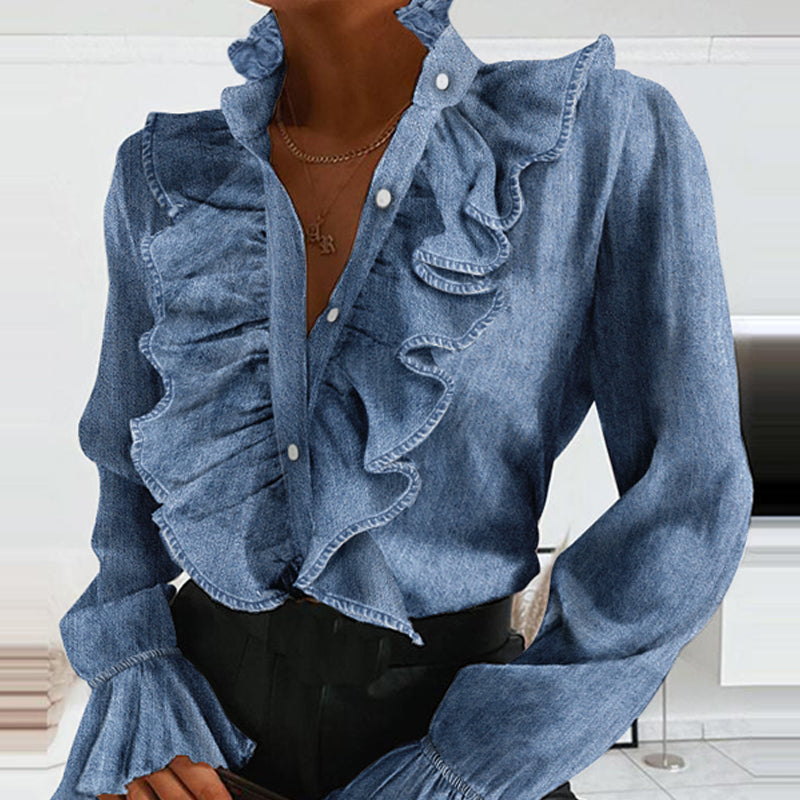 Victoria Denim Ruffled Long Sleeve Button Blouse