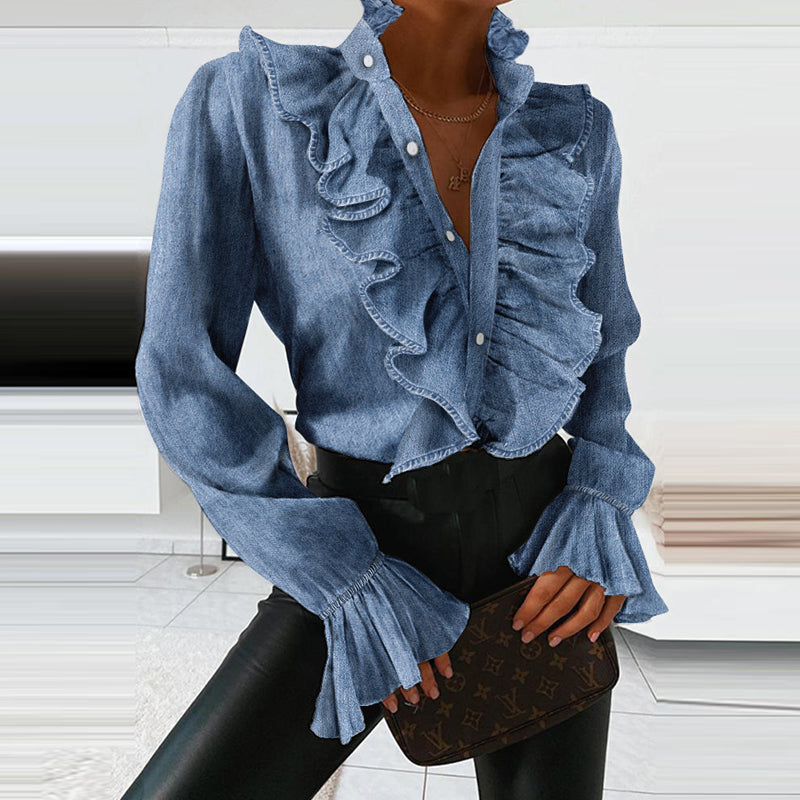 Victoria Denim Ruffled Long Sleeve Button Blouse