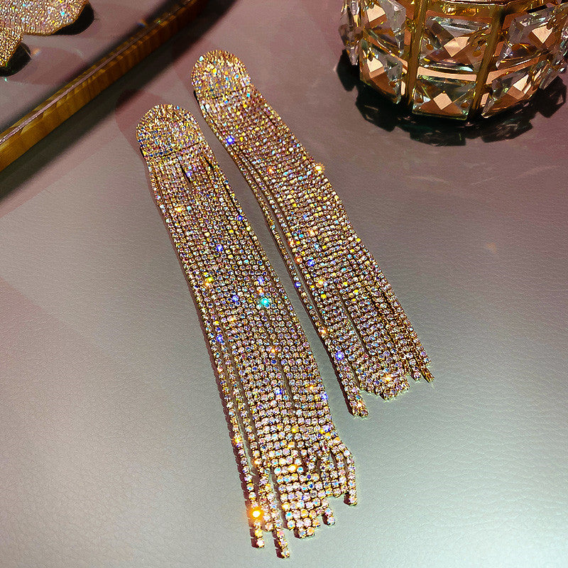 Milan Long Tassel Full Rhinestone Drop Earrings