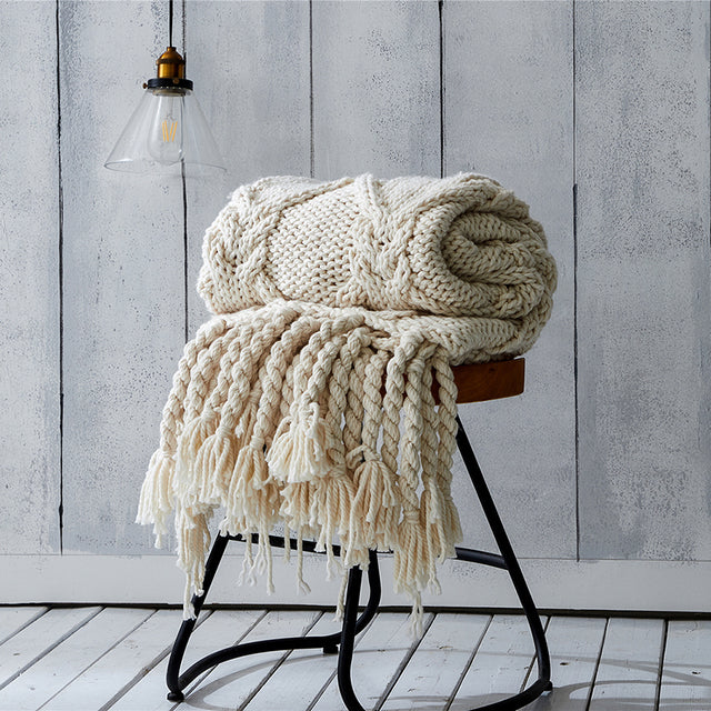 REGINA Chunky Knit Blanket Beige Soft Tassel