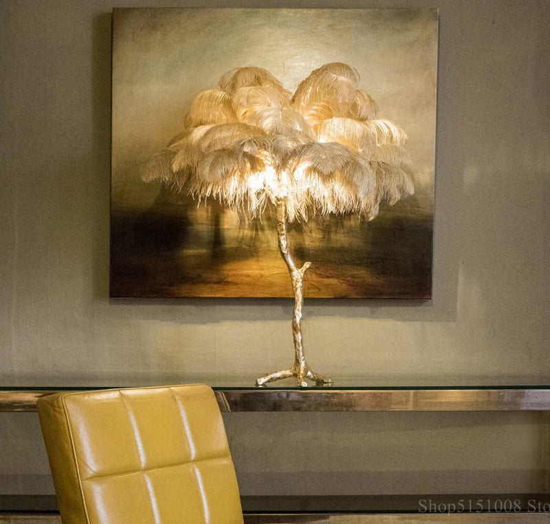 Roaring Ostrich Feather Palm Tree Table Lamp