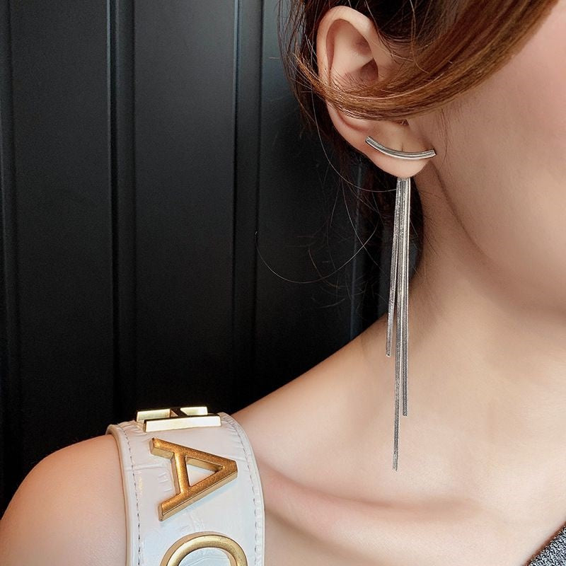 Korean Glossy Arc Bar Long Tassel Drop Earrings