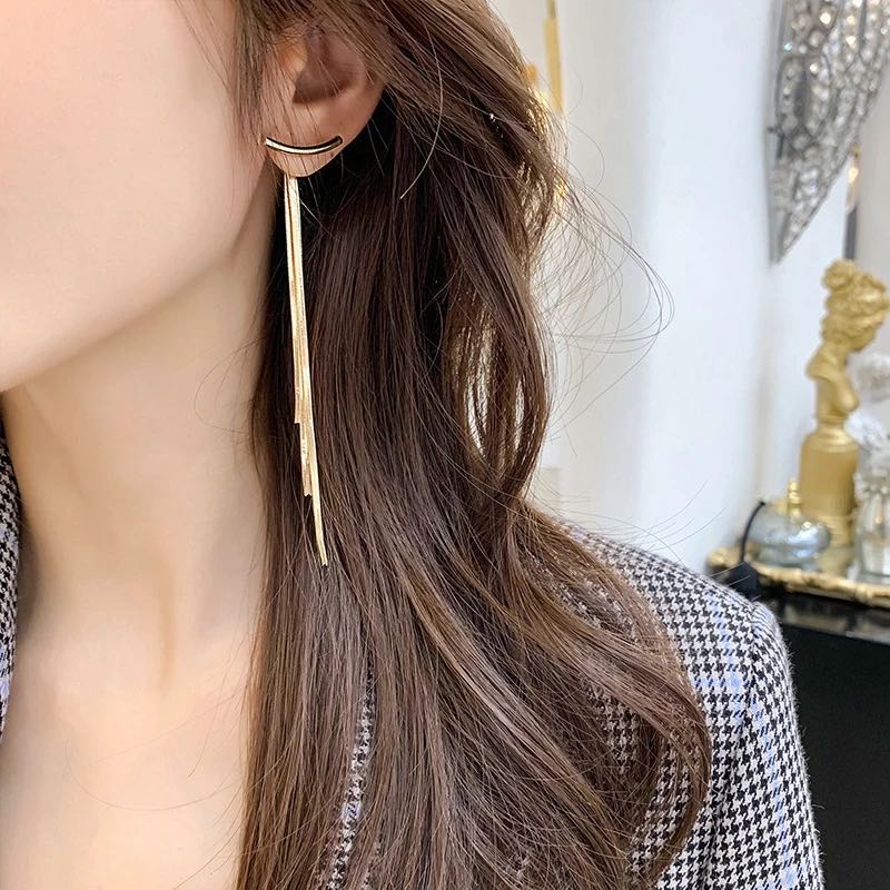 Korean Glossy Arc Bar Long Tassel Drop Earrings