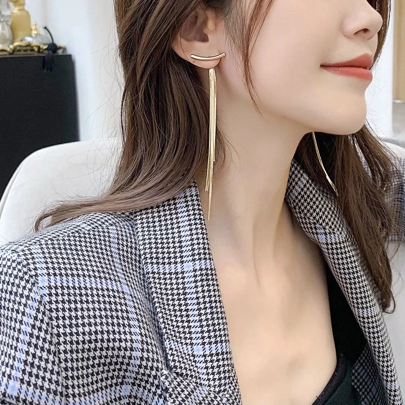 Korean Glossy Arc Bar Long Tassel Drop Earrings