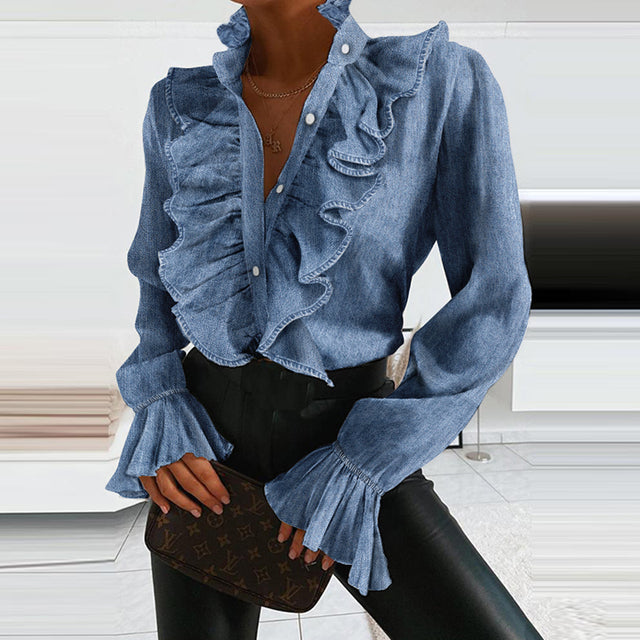 Victoria Denim Ruffled Long Sleeve Button Blouse