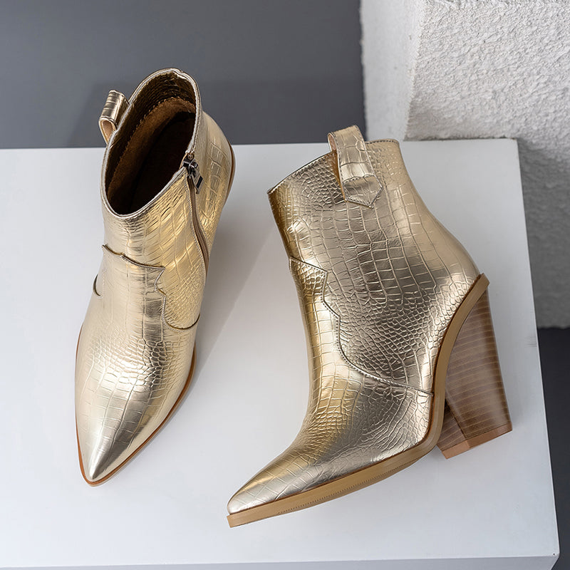 Gilded Snake Print Ankle Boots