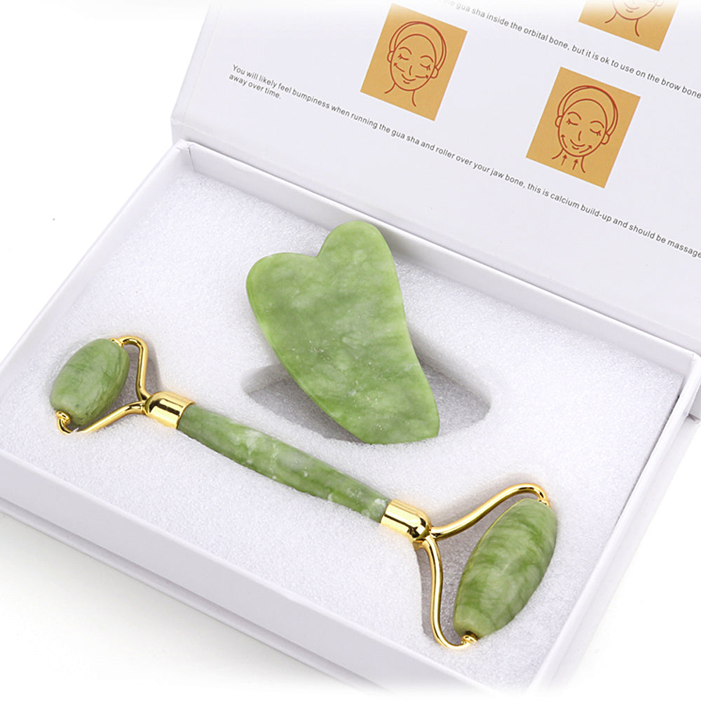 Face Massager Jade Roller and Guasha Stone for Face Lifting 3pc. Boxset