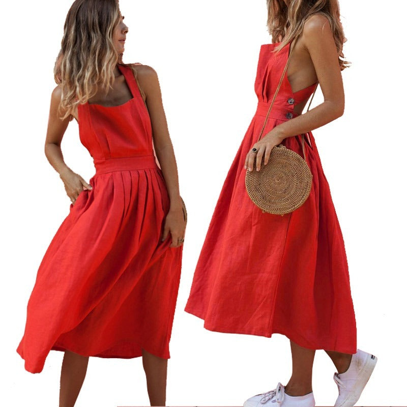 Beach Button Backless Boho Dress