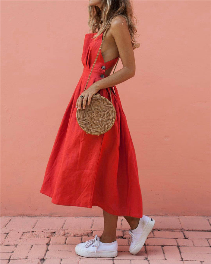 Beach Button Backless Boho Dress