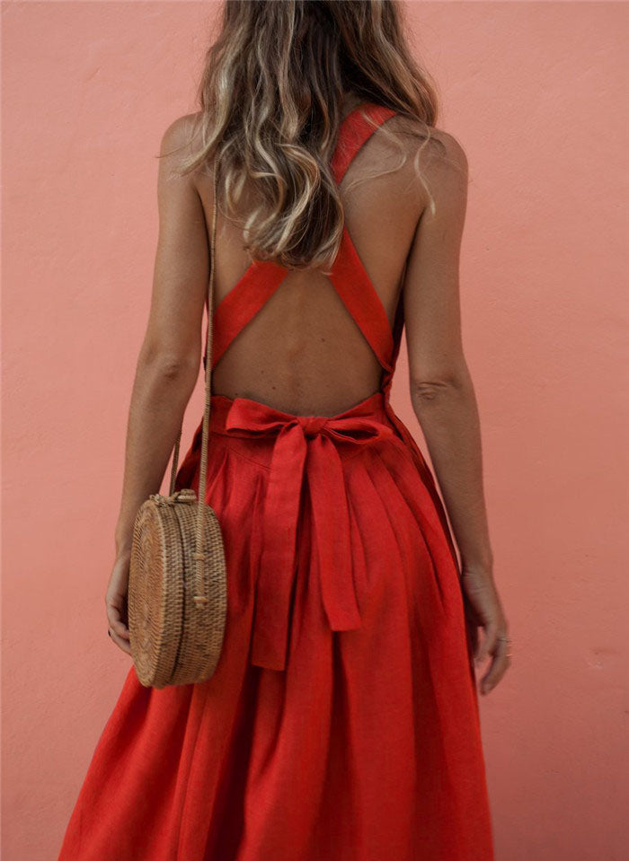 Beach Button Backless Boho Dress