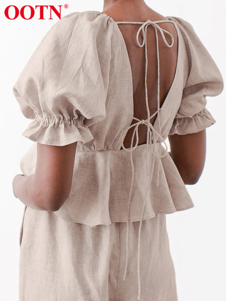 Khaki Ruffle Linen Style Summer Set